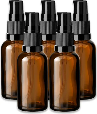 Produktbild von 5x Glasflasche braun 30 ml mit schwarzer Pumpe Apothekerflaschen leer