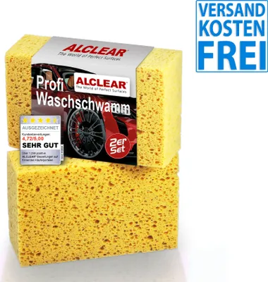 Two yellow car wash sponges are stacked, with product branding and promotional text.