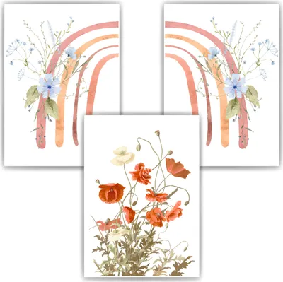 Produktbild von Regenbogen Blumen Bilder 3er Set DIN A4 Kinderzimmer Wandbilder Babyzimmer Poster Dekoration