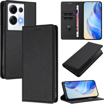 Produktbild von Litchi Leder Handyhülle für Oppo Reno8 Pro+/Reno8 Pro Wallet Kartenfächer Standfunktion Hülle Schwarz