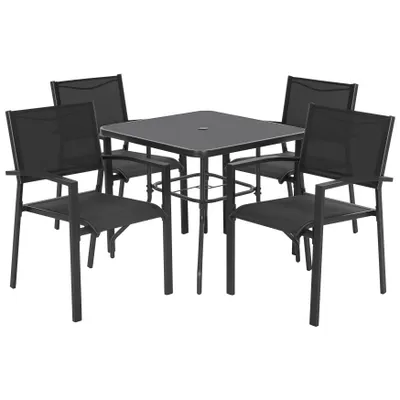 Produktbild von Garten-Essgruppe, Esstisch aus gehärtetem Glas und 4 stapelbare Gartenstühle (5er-Set)