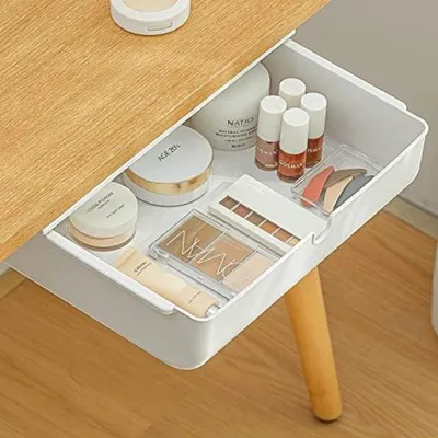 Produktbild von PolkaHome® Untertisch-Schubladen-Organizer, selbstklebende Aufbewahrungsbox fürs Büro, versteckte Schublade - Weiß