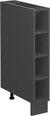 A dark gray kitchen cabinet module with four open shelves, shown from a three-quarter angle with a black adjustable leg visible at the bottom left.