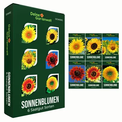 Produktbild von Sonnenblumensamen Set - 6 Sorten Samen - Saatgut Sortiment - Anzuchtset für Sonnenblumen - Geschenkset - Riesensonnenblumen, Zwergsonnenblumen, Teddybärsonnenblumen und mehr