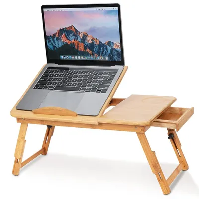 Obrázok produktu pre Prenosný bambusový laptop stôl - Nastaviteľný - Svetlohnedý - S výrezom