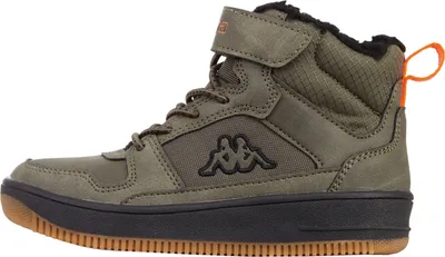 A side view of a green high-top sneaker.