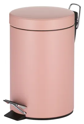 A pink pedal bin with a silver pedal and handle.