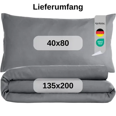 Produktbild von Komfortec Premium Bettwäsche 135x200 cm Bettbezug + 40x80 cm Kissenbezug, gebürstet 100% Polyester-Mikrofaser 120 g/m², 2teiliges Superweiches Bettwäsche-Set, Grau