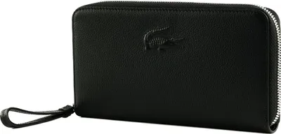 A black leather wallet with a zipper and a wrist strap is shown against a white background.