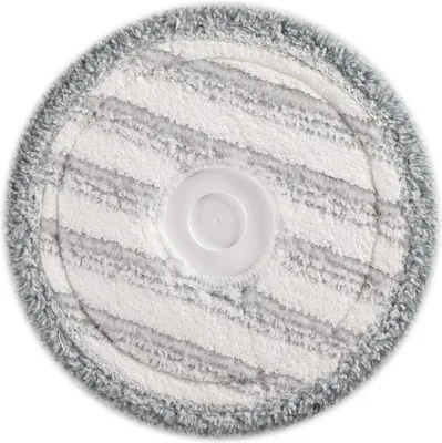 A round microfiber mop pad with gray stripes and a gray fuzzy edge, centered on a white background. There is a white circular plastic piece in the center of the pad.