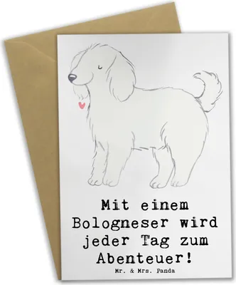 Produktbild von Mr. & Mrs. Panda Grußkarte Bologneser Abenteuer - Weiß - Geschenk, einladungskarten, Hundeliebhaber, treuer Freund, Hunderassen Vielfalt, kleine Hunde, genesungskarte