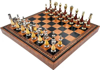 Produktbild von Italienische Schachfiguren Metall/Holz Arabeske + Schachbrett Braun/Schwarz 48