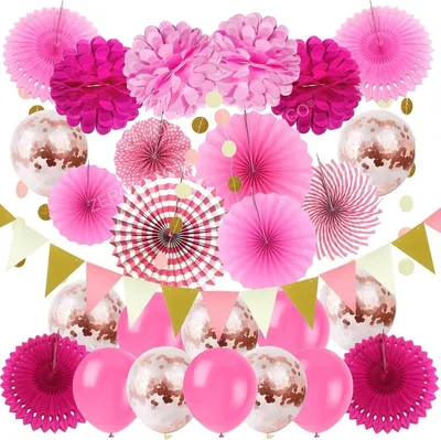 Produktbild von ZERODECO Party Dekoration Set Rosa Konfetti Ballons Pompoms Fächer Wimpel Girlande