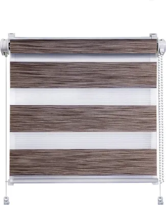 A close-up studio shot of a roller blind with alternating opaque and sheer stripes.
