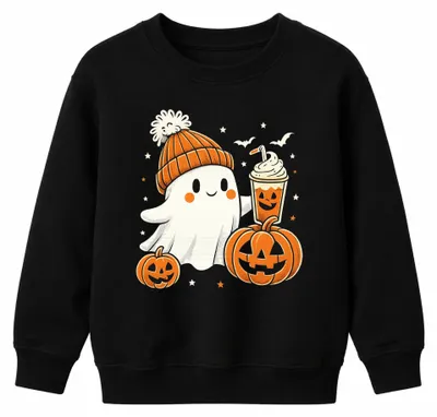 Image de Sweat à capuche pour enfant, noir, motif "Fantôme mignon avec motif citrouille", idéal pour l'automne et Halloween, taille 128