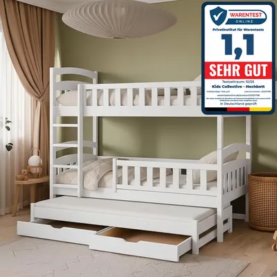 A white bunk bed with a pull-out trundle bed is shown in a bedroom setting.