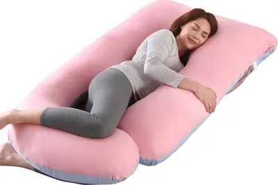Image de Coussin de grossesse complet en forme de J avec coussin de soutien latéral séparé amovible et housse amovible, 70 * 145 cm / rose et bleu