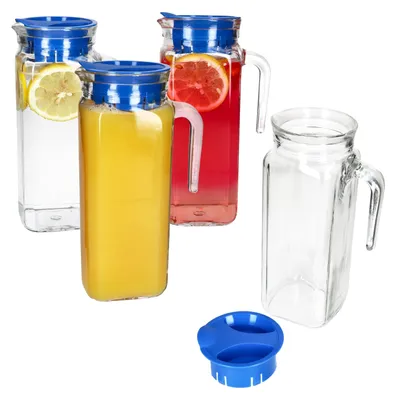 Produktbild von 4x KARO Kühlschrankkrug mit Deckel blau 1L Henkel Glas-Karaffe Kanne Saft Wasser