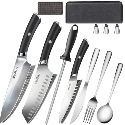Productafbeelding van Messen set, 11-delig, met aanzetstaal en tas | Koksmes, Santoku mes, universeel mes | Roestvrij staal | Inclusief messenbeschermer