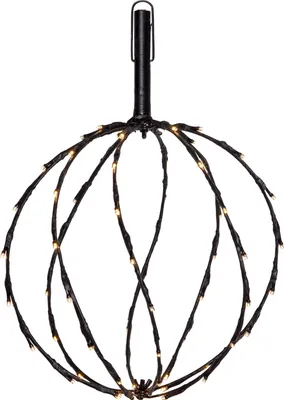 A decorative sphere light with black wireframe and small yellow lights.