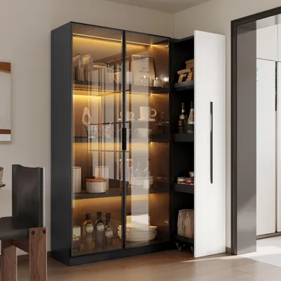 Produktbild von Flieks Glasvitrine Bücherregal mit LED-Beleuchtung 110.5x35x160 cm, Standschrank Hochschrank mit Glastüren, Sammlervitrine schwarz und weiß
