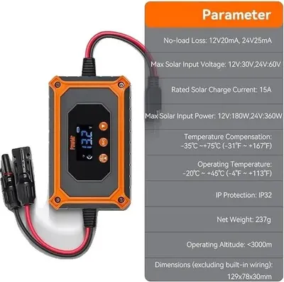 Immagine prodotto di Regolatore di carica solare, tecnologia MPPT, design compatto, regolatore MPPT 15A