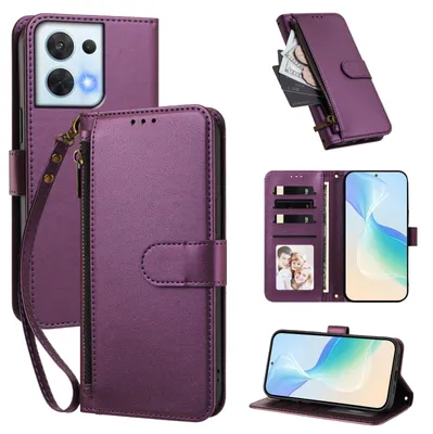 Produktbild von Geldbörse Hülle für Oppo Reno8 5G, Kunstleder Handyhülle mit Kartenfächer, Ständer, Handschlaufe Lila