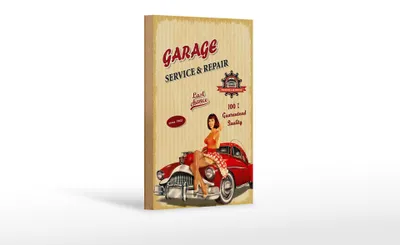Produktbild von Holzschild Pinup Retro 12x18cm Garage Service Repair Auto