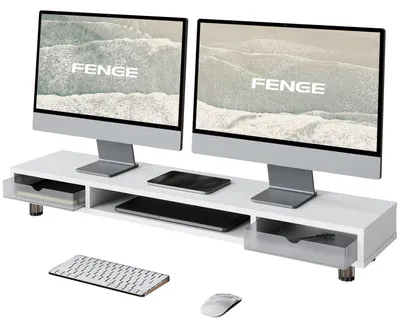Immagine prodotto di Supporto per monitor con 2 cassetti, regolabile in altezza, 108 cm, bianco