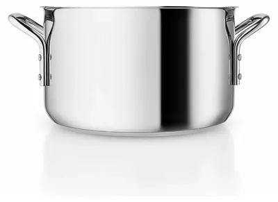 A stainless steel pot with two handles, shown from the front on a white background.