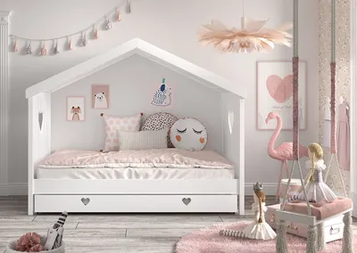 Produktbild von Vipack Hausbett Amori mit Liegefläche 90 x 200 cm, inkl. Rolllattenrost und Bettschublade, Ausf. Kiefer und MDF weiß lackiert