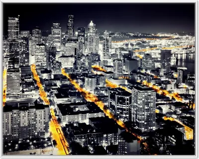 Produktbild von Wallario Wandbild Großstadt bei Nacht - Seattle in schwarz weiß gelb, Größe: 40,30 x 50,30 cm, Poster mit weißem Aluminiumrahmen