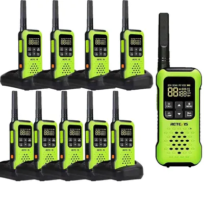 A set of walkie-talkies arranged in two rows on a white background, with one walkie-talkie shown separately on the right.