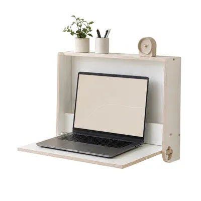 Image de leg&go Bureau mural rabattable en bois, Secrétaire mural avec rangement, Bureau gain de place pour télétravail, 52x42x10 cm, blanc
