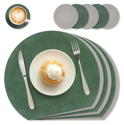 Platzsets aus PU-Leder, 6er-Set, doppelseitig, rund, 33x37,5 cm, waldgrün/grau