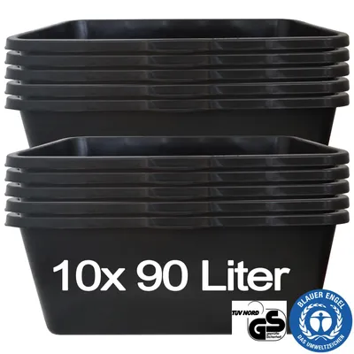 Image de Hossi's Wholesale - 10 pièces bac à mortier 90 litres pour chantier, ménage, jardin, industrie UVM. - Seau à mortier pour mortier, béton, gravats & matériaux de construction - seau de chantier extrêmement solide avec fond renforcé