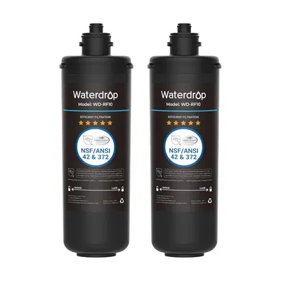 Two black water filters are shown side-by-side against a white background.