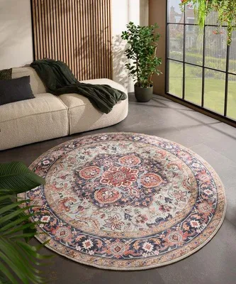 Zdjęcie produktu dla Unyqoos® Okrągły dywan outdoorowy w stylu vintage Valenca Fino, zielono-niebieski, średnica 115 cm – do użytku wewnątrz i na zewnątrz, można prać, wzór 3D