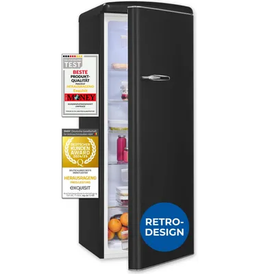 A black retro-style refrigerator with its door slightly ajar, showcasing its interior and some food items. It has several award badges on the left side.