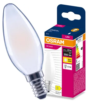 Produktbild von LED-Lampe E14, "Świeczka" Modell, B35, 1,8W = 25W, 250lm, 2700K (warmweiß), 300° Filament, VALUE, Osram, KI-generiertes Bild