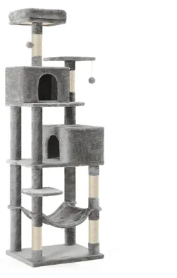 Image de Arbre à chat avec griffoirs en sisal, plateformes en peluche et hamac – Gris-bleu – 49 x 49 x 135 cm