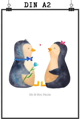 Produktbild von Mr. & Mrs. Panda Bild Pinguin Pärchen DIN A2 - Weiß - Geschenk, Wandbild, wanddeko, Verknallt, Pinguine, kunstdruck poster, Liebe, Hochzeitstag, drucke