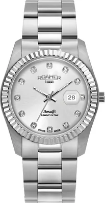 A studio shot of a silver women's watch on a white background.