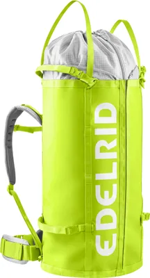 Leuchtend gelber Kletterrucksack "Kurt Haulbag 55" von Edelrid mit grauem Deckel und verstellbaren Trägern.