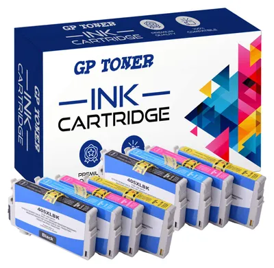 A box of ink cartridges with several cartridges displayed in front of it.