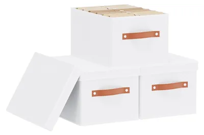 Zdjęcie produktu dla Omgoods - Pudełki do przechowywania z pokrywkami - Składane organizery w kształcie kostki - Pojemniki na półki z uchwytami - Zestaw 3 sztuk - 33 × 23 × 18 cm - Oszczędzające miejsce - Kosz do przechowywania