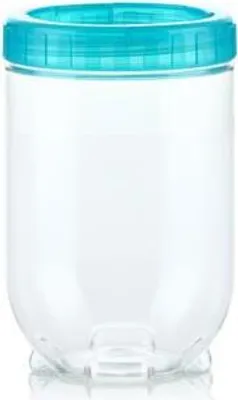 A clear studio shot of a transparent food container with a turquoise lid.