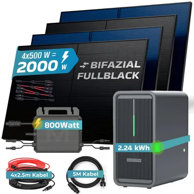 Produktbild von SUNNIVA® 2000W Balkonkraftwerk mit 2,24 kWh Speicher MARSTEK B2500-D, 4x 500W BIFAZIAL FULLBLACK komplett Steckdose, PV Solaranlage + Solarspeicher