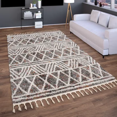 Produktbild von Hochflor Teppich Wohnzimmer Shaggy Boho Modern Skandi Rauten Fransen Grösse 240x340 cm