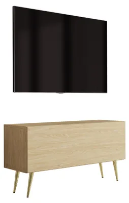 Immagine prodotto di Mobile TV con gambe inclinate dorate, in legno di quercia oliato, dimensioni 100 x 32 x 52 cm